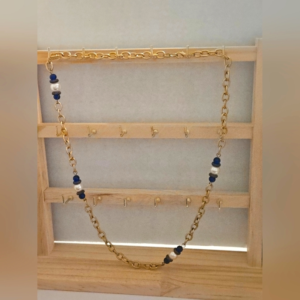 Gold, Blue And Faux Pearl Beaded Necklace